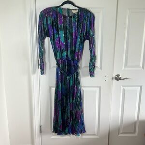Vintage 100% Silk The Silk Farm S 16 Blue, Purple, Black, Green & Silver Dress